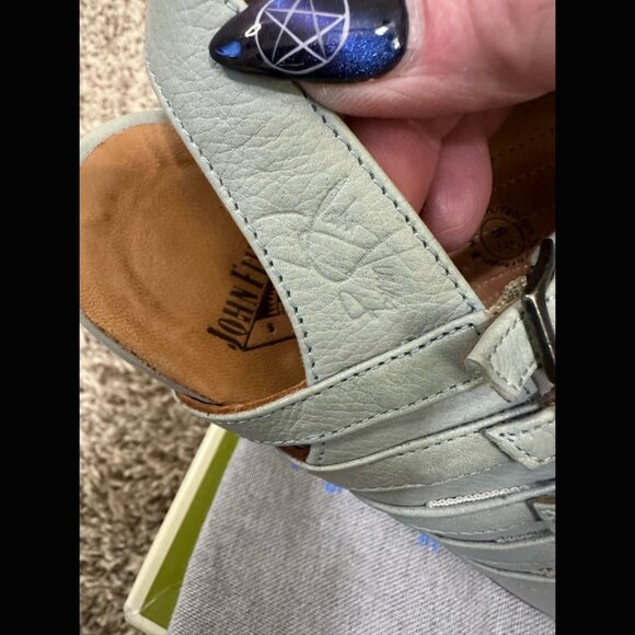 John Fluevog Leather Light Blue Multi Strap Wood Heels Coffee Macchiato Line 8.5 - Picture 3 of 10